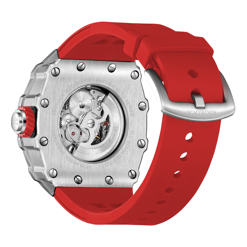 Silver/red Motorsport V2 automatic - from ASOROCK WATCHES  a black african american owned luxury unique watch brand with swiss rolex, Audemars Piguet, patek homage inspired style watches. Also a custom vvs moissanite diamond watch maker. 