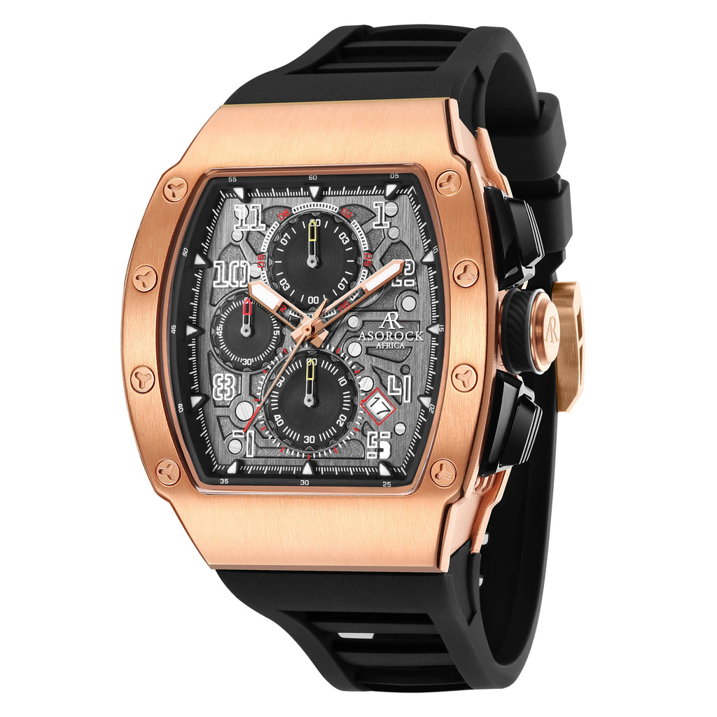 Rosegold/Black Motorsport GT - from ASOROCK WATCHES  a black african american owned luxury unique watch brand with swiss rolex, Audemars Piguet, patek homage inspired style watches. Also a custom vvs moissanite diamond watch maker.