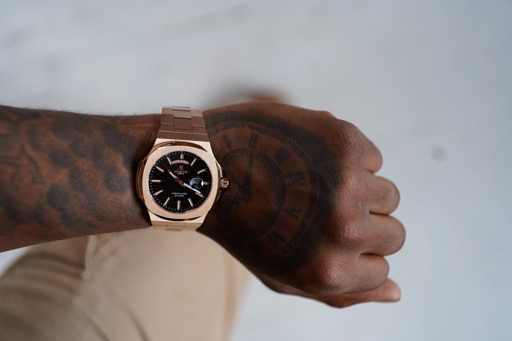 Rosegold/Black plain Constellation Day Date - from ASOROCK WATCHES  a black african american owned luxury unique watch brand with swiss rolex, Audemars Piguet, patek homage inspired style watches. Also a custom vvs moissanite diamond watch maker.