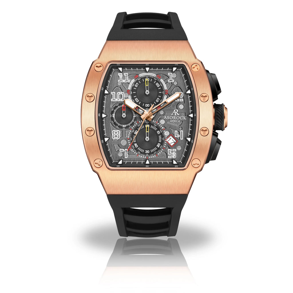 Rosegold/Black Motorsport GT - from ASOROCK WATCHES  a black african american owned luxury unique watch brand with swiss rolex, Audemars Piguet, patek homage inspired style watches. Also a custom vvs moissanite diamond watch maker.