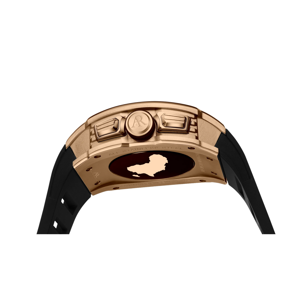 Rosegold/Black Motorsport GT - from ASOROCK WATCHES  a black african american owned luxury unique watch brand with swiss rolex, Audemars Piguet, patek homage inspired style watches. Also a custom vvs moissanite diamond watch maker.