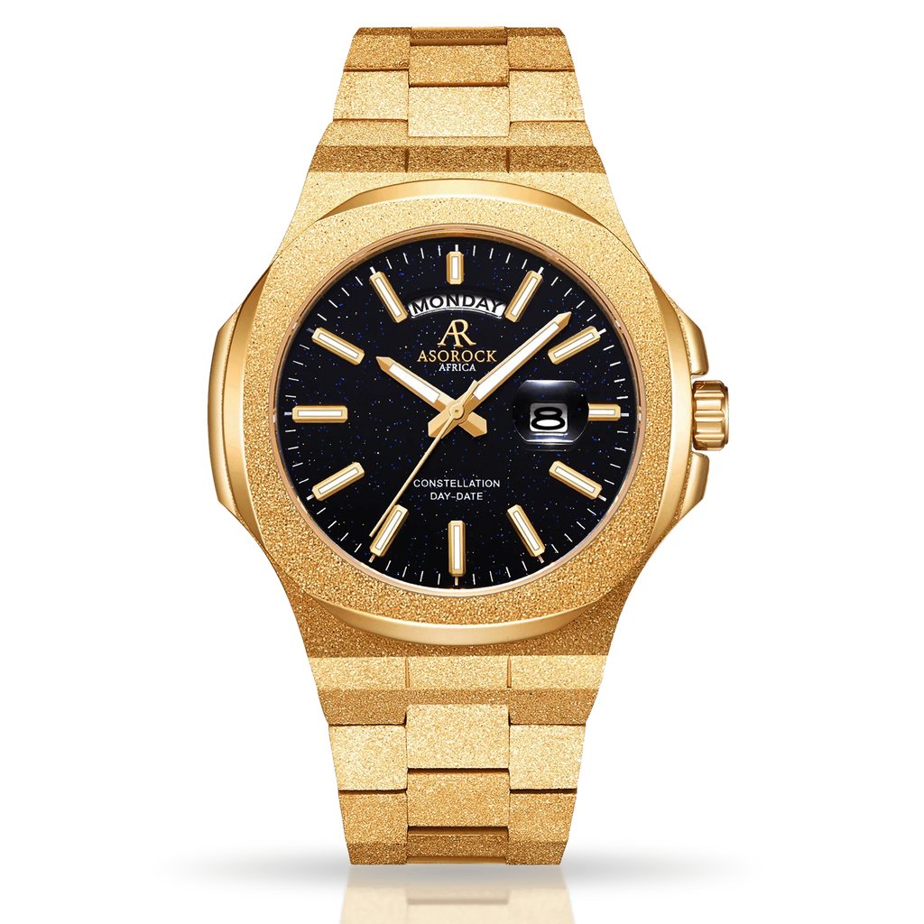Gold/Black Frosted Stardust Constellation Day Date - from ASOROCK WATCHES  a black african american owned luxury unique watch brand with swiss rolex, Audemars Piguet, patek homage inspired style watches. Also a custom vvs moissanite diamond watch maker. 