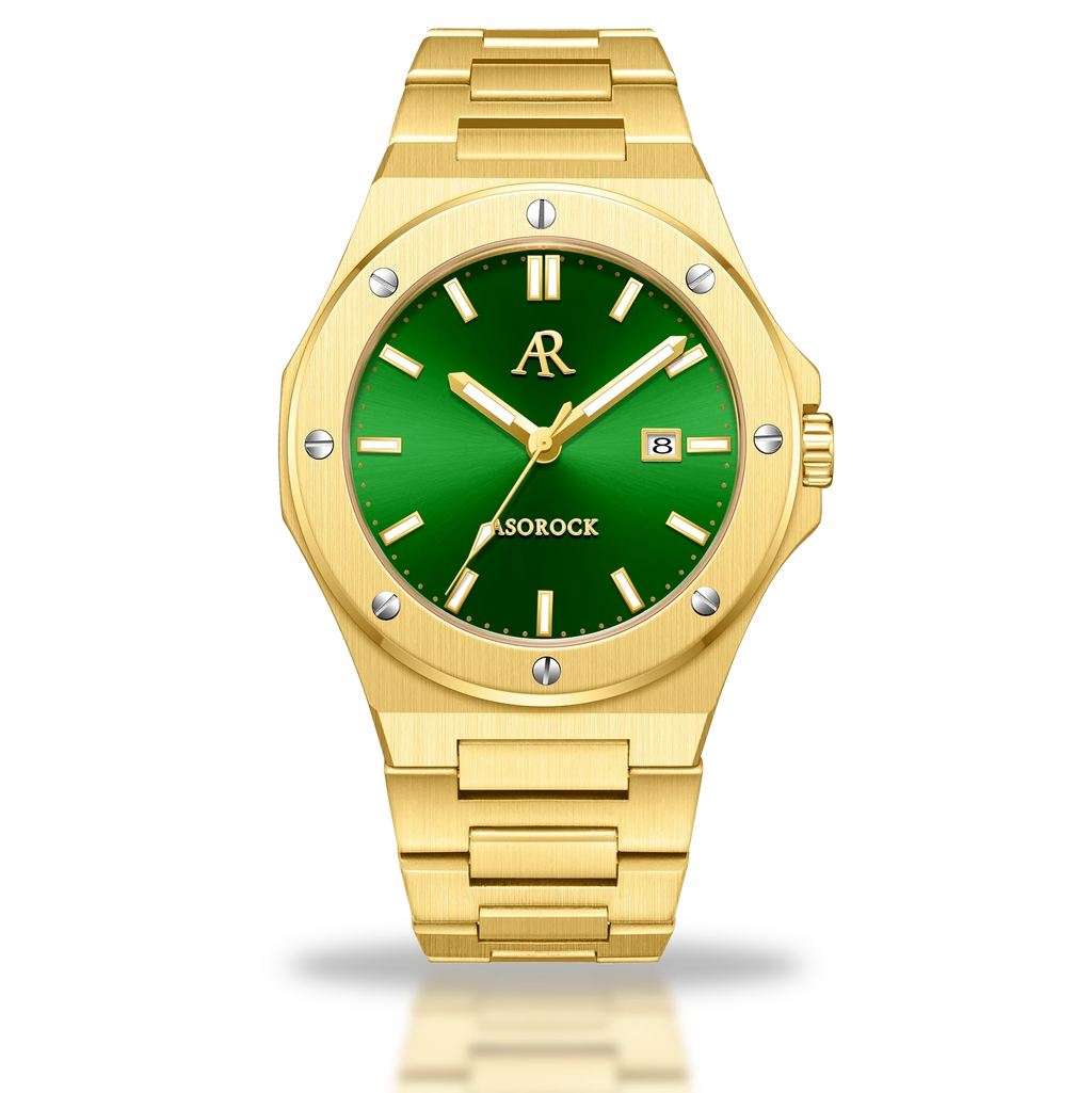 Gold/Green Mansa - from ASOROCK WATCHES  a black african american owned luxury unique watch brand with swiss rolex, Audemars Piguet, patek homage inspired style watches. Also a custom vvs moissanite diamond watch maker.
