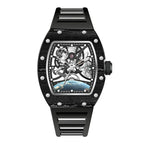 Motorsport-inspired skeleton watch with black carbon fiber case, bold dial, and moon phase accent