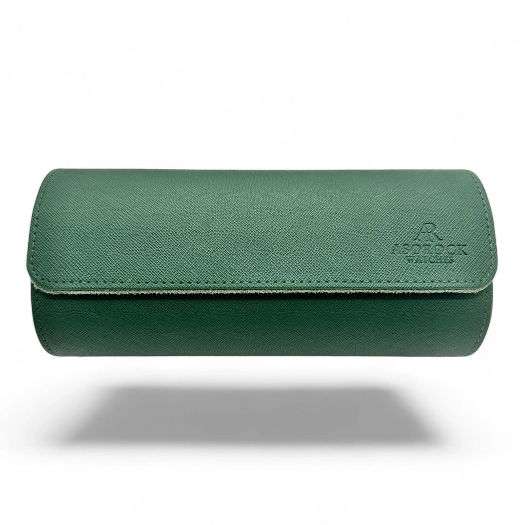 Green saffiano leather 3 watch holder case - from ASOROCK WATCHES  a black african american owned luxury unique watch brand with swiss rolex, Audemars Piguet, patek homage inspired style watches. Also a custom vvs moissanite diamond watch maker.