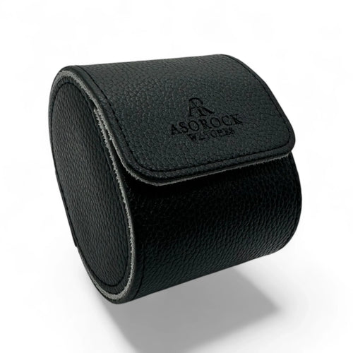 Black litchi leather single slot watch case - from ASOROCK WATCHES  a black african american owned luxury unique watch brand with swiss rolex, Audemars Piguet, patek homage inspired style watches. Also a custom vvs moissanite diamond watch maker.