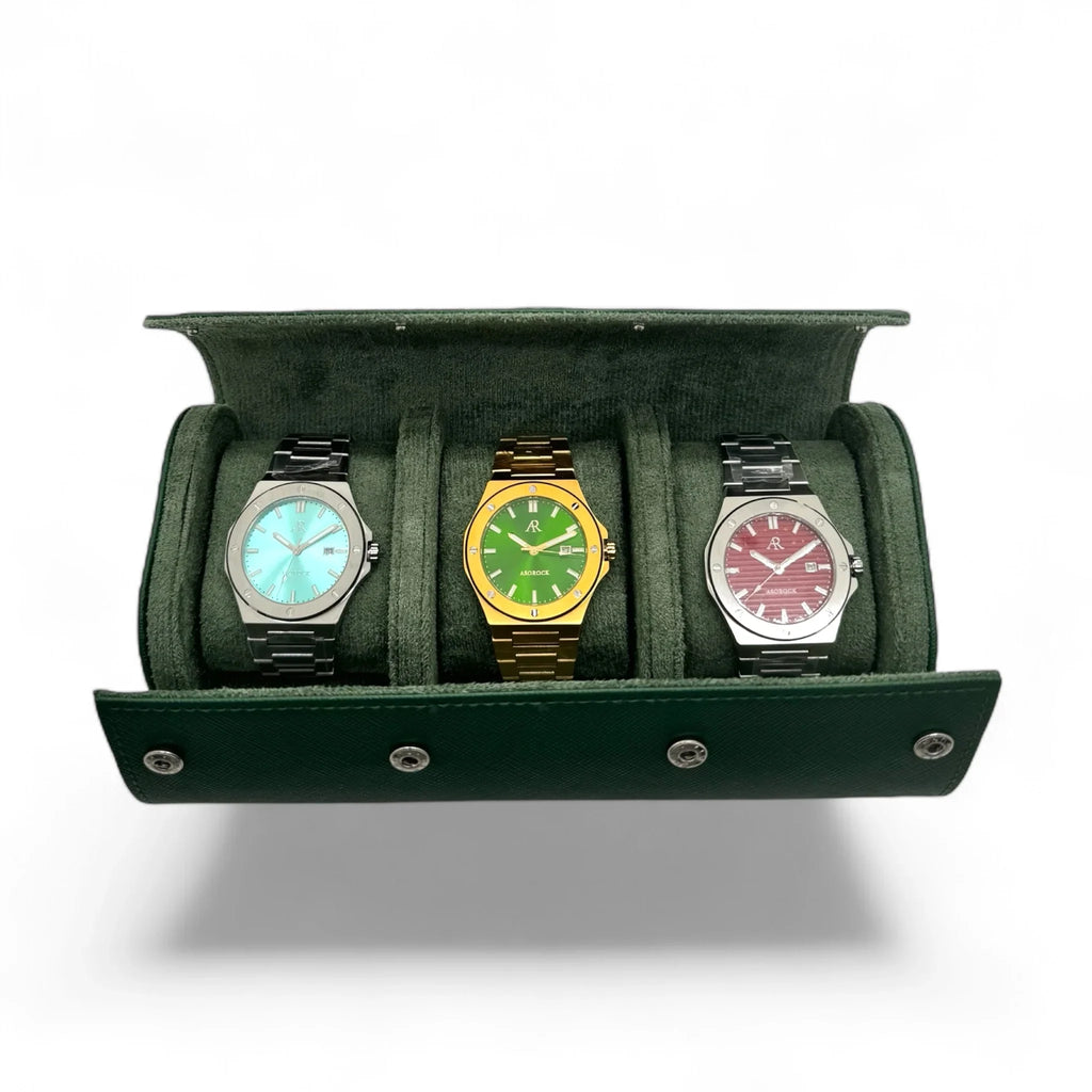 Green saffiano leather 3 watch holder case - from ASOROCK WATCHES  a black african american owned luxury unique watch brand with swiss rolex, Audemars Piguet, patek homage inspired style watches. Also a custom vvs moissanite diamond watch maker.
