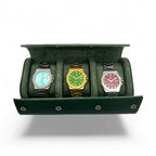 Green saffiano leather 3 watch holder case - from ASOROCK WATCHES  a black african american owned luxury unique watch brand with swiss rolex, Audemars Piguet, patek homage inspired style watches. Also a custom vvs moissanite diamond watch maker.