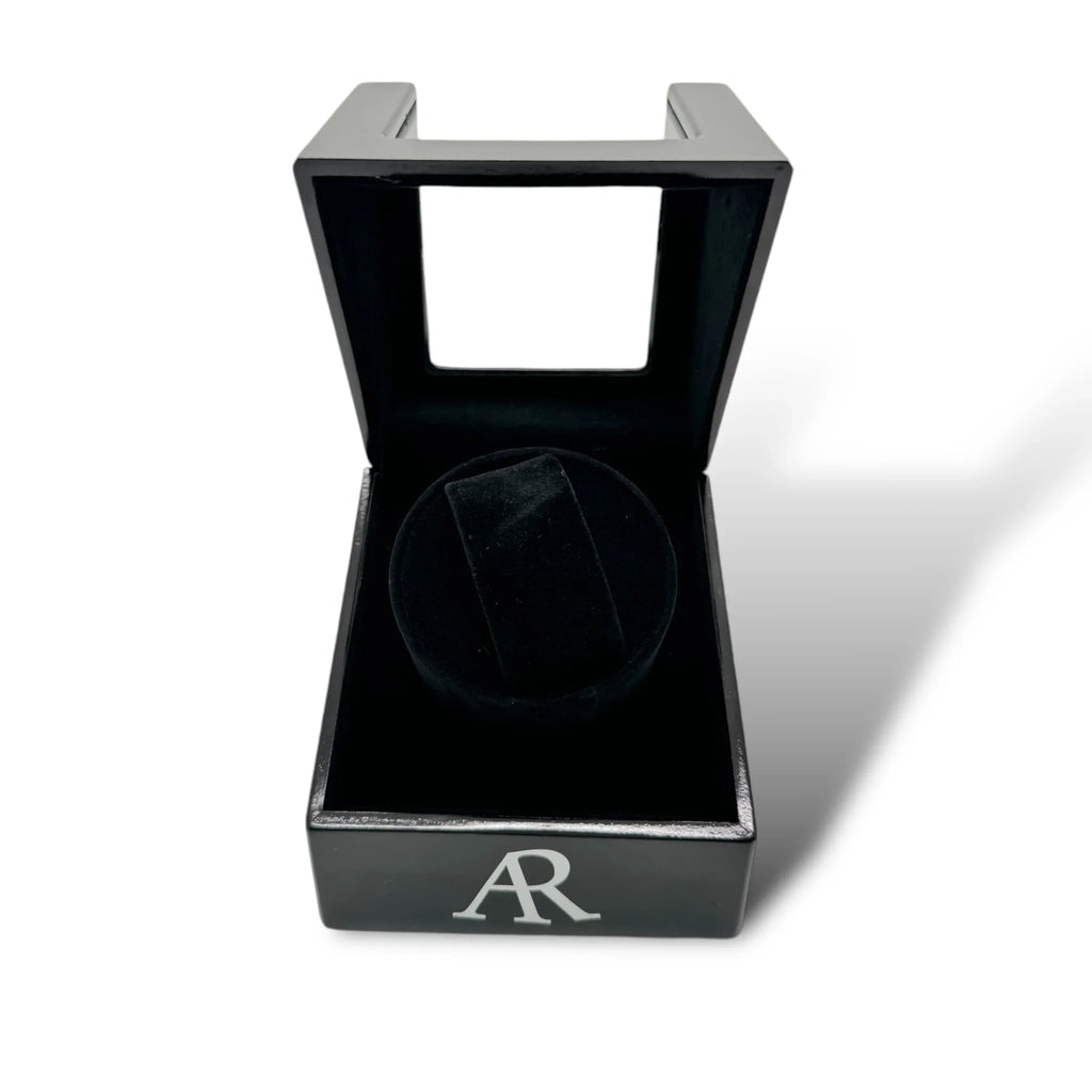 1 slot AR Branded automatic watch winder box - from ASOROCK WATCHES  a black african american owned luxury unique watch brand with swiss rolex, Audemars Piguet, patek homage inspired style watches. Also a custom vvs moissanite diamond watch maker.