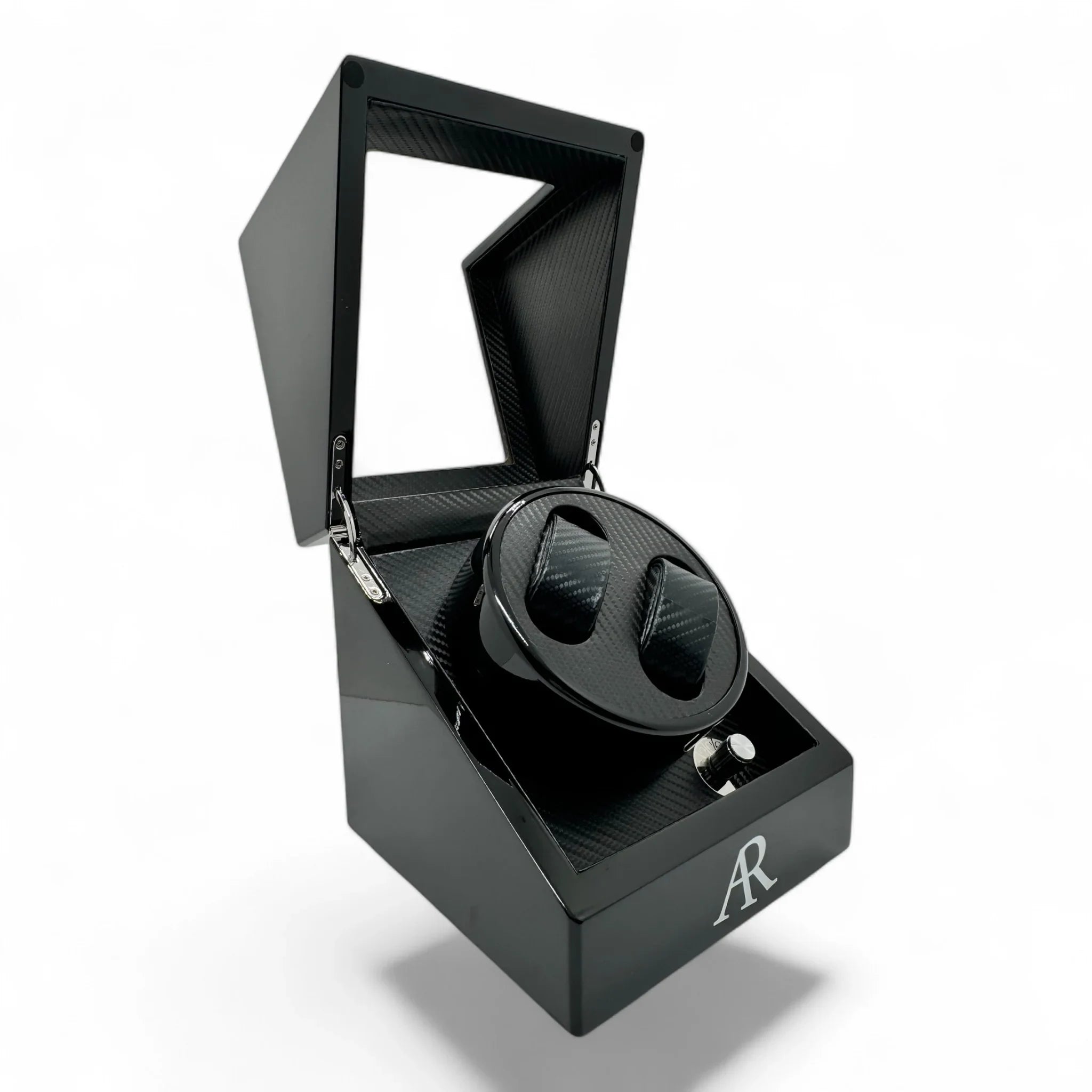 2 slot AR Branded automatic carbon fiber watch winder box - from ASOROCK WATCHES  a black african american owned luxury unique watch brand with swiss rolex, Audemars Piguet, patek homage inspired style watches. Also a custom vvs moissanite diamond watch maker.
