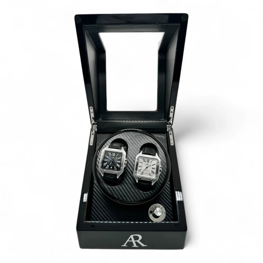 2 slot AR Branded automatic carbon fiber watch winder box - from ASOROCK WATCHES  a black african american owned luxury unique watch brand with swiss rolex, Audemars Piguet, patek homage inspired style watches. Also a custom vvs moissanite diamond watch maker.