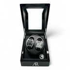 2 slot AR Branded automatic carbon fiber watch winder box - from ASOROCK WATCHES  a black african american owned luxury unique watch brand with swiss rolex, Audemars Piguet, patek homage inspired style watches. Also a custom vvs moissanite diamond watch maker.
