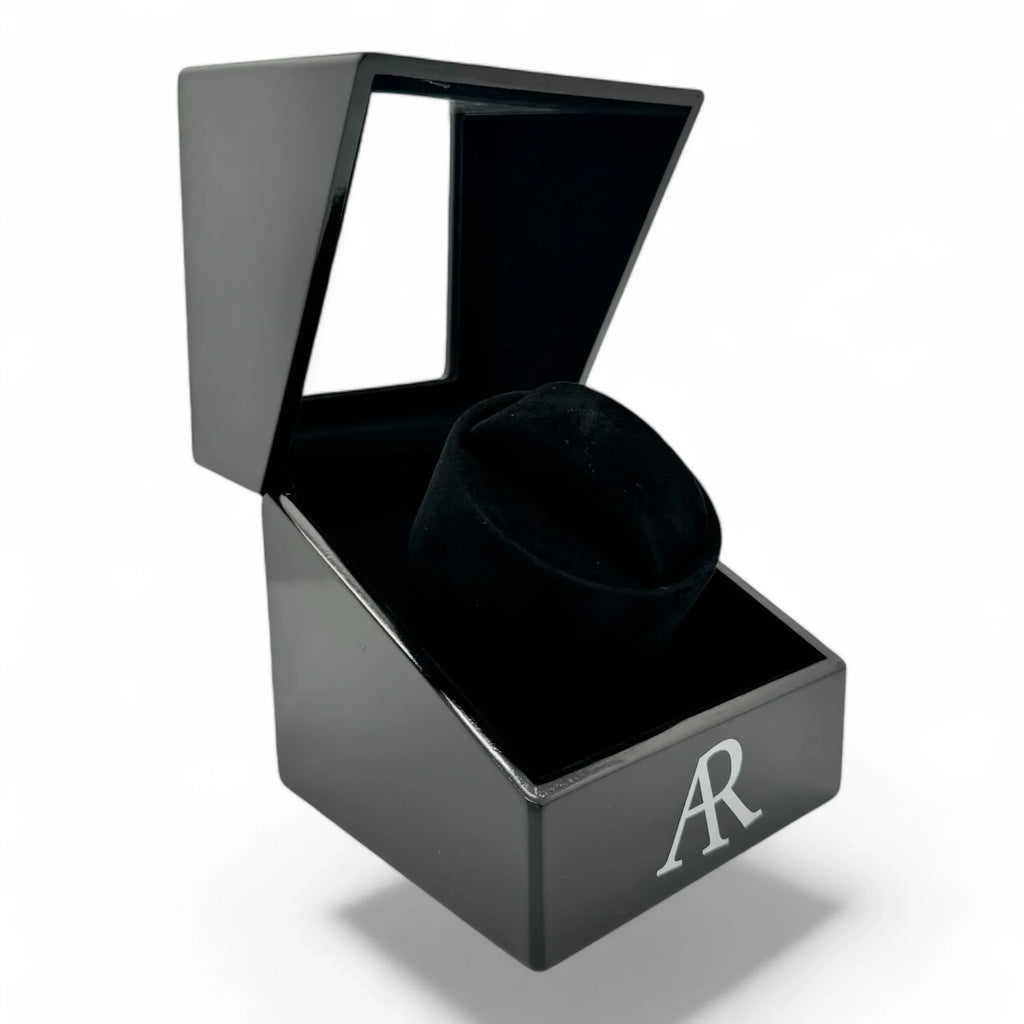 1 slot AR Branded automatic watch winder box - from ASOROCK WATCHES  a black african american owned luxury unique watch brand with swiss rolex, Audemars Piguet, patek homage inspired style watches. Also a custom vvs moissanite diamond watch maker.