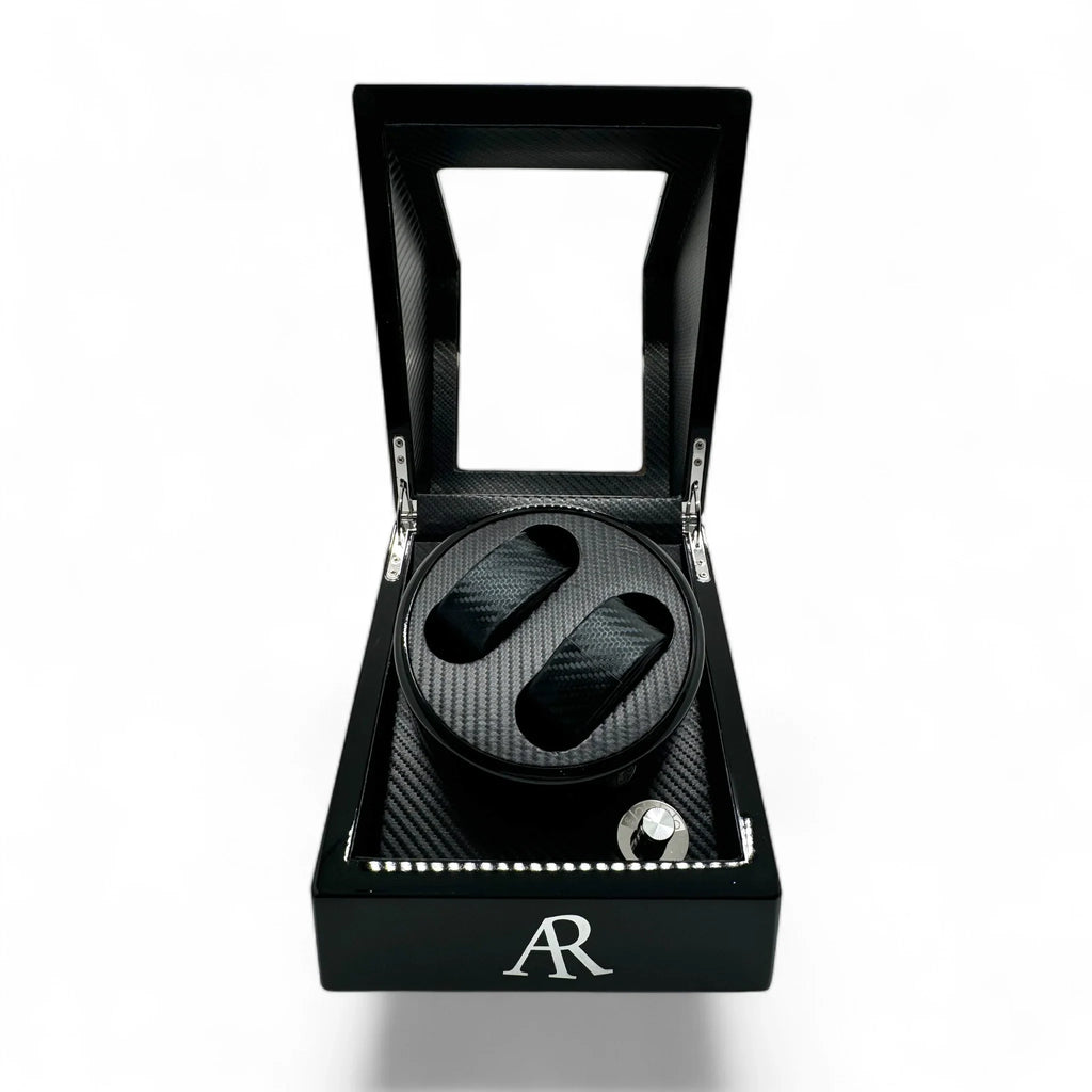 2 slot AR Branded automatic carbon fiber watch winder box - from ASOROCK WATCHES  a black african american owned luxury unique watch brand with swiss rolex, Audemars Piguet, patek homage inspired style watches. Also a custom vvs moissanite diamond watch maker.