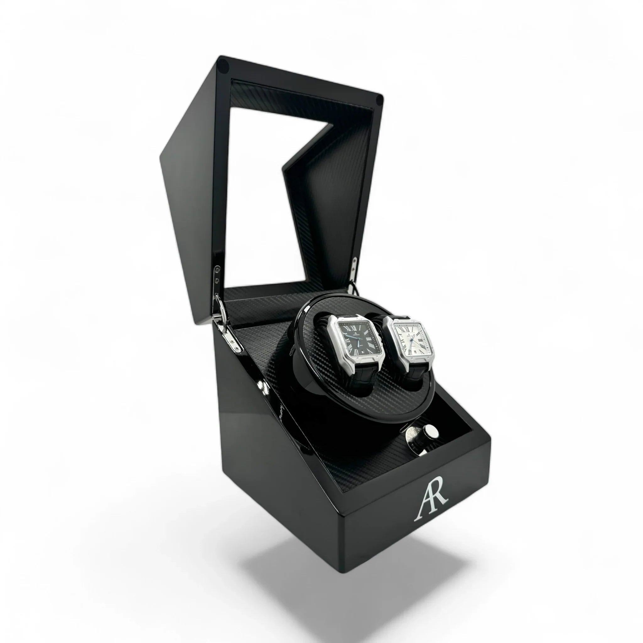 2 slot AR Branded automatic carbon fiber watch winder box - from ASOROCK WATCHES  a black african american owned luxury unique watch brand with swiss rolex, Audemars Piguet, patek homage inspired style watches. Also a custom vvs moissanite diamond watch maker.