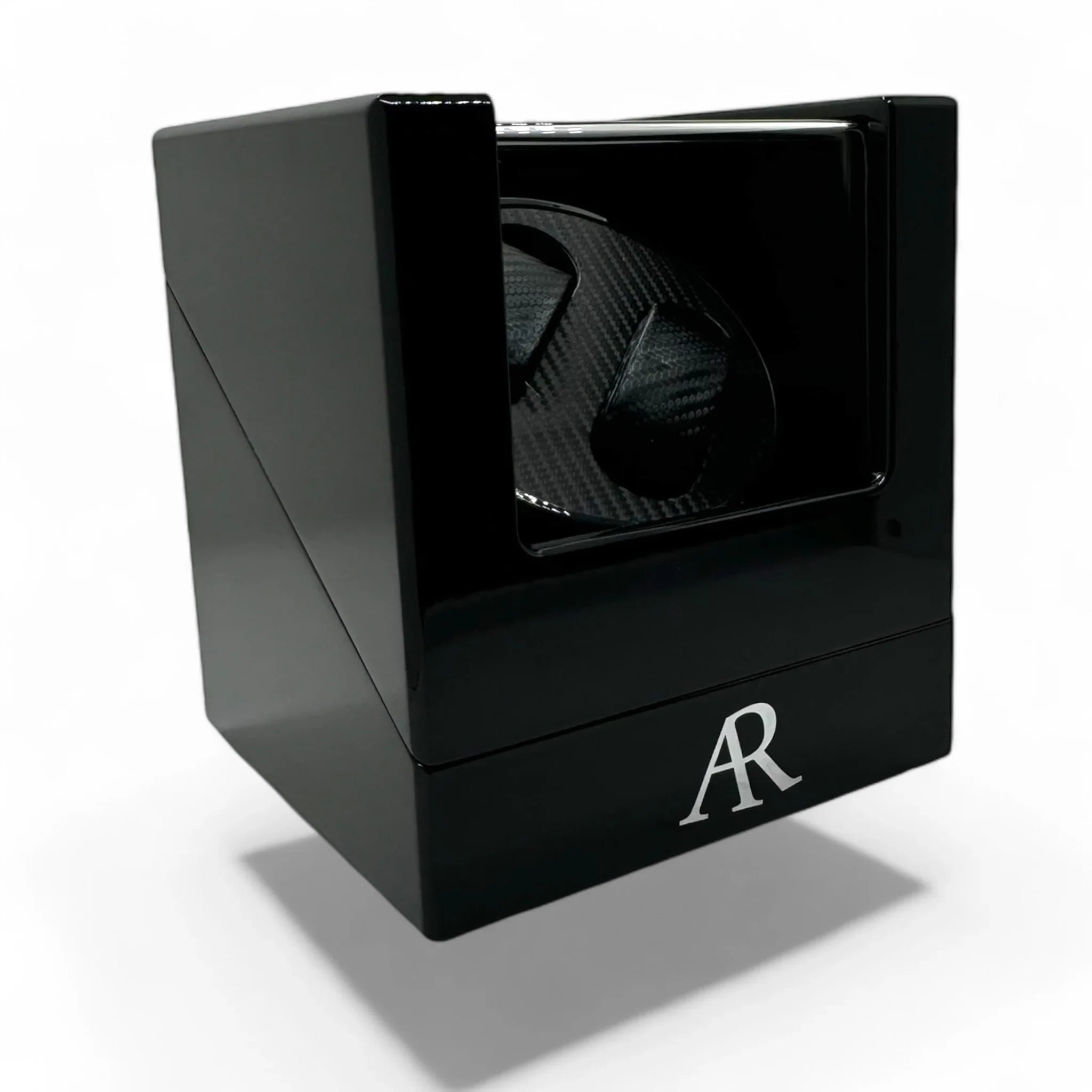 2 slot AR Branded automatic carbon fiber watch winder box - from ASOROCK WATCHES  a black african american owned luxury unique watch brand with swiss rolex, Audemars Piguet, patek homage inspired style watches. Also a custom vvs moissanite diamond watch maker.