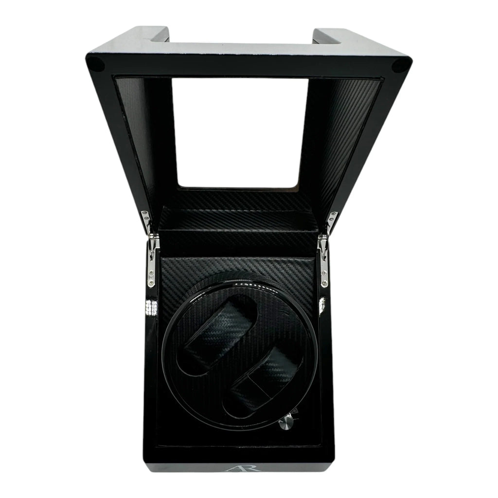 2 slot AR Branded automatic carbon fiber watch winder box - from ASOROCK WATCHES  a black african american owned luxury unique watch brand with swiss rolex, Audemars Piguet, patek homage inspired style watches. Also a custom vvs moissanite diamond watch maker.