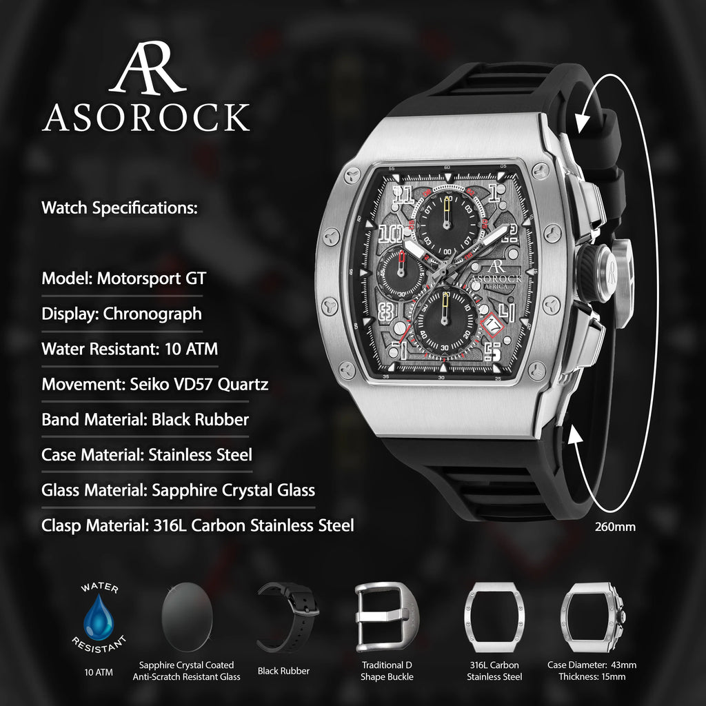 Silver/Black Motorsport GT - from ASOROCK WATCHES  a black african american owned luxury unique watch brand with swiss rolex, Audemars Piguet, patek homage inspired style watches. Also a custom vvs moissanite diamond watch maker.