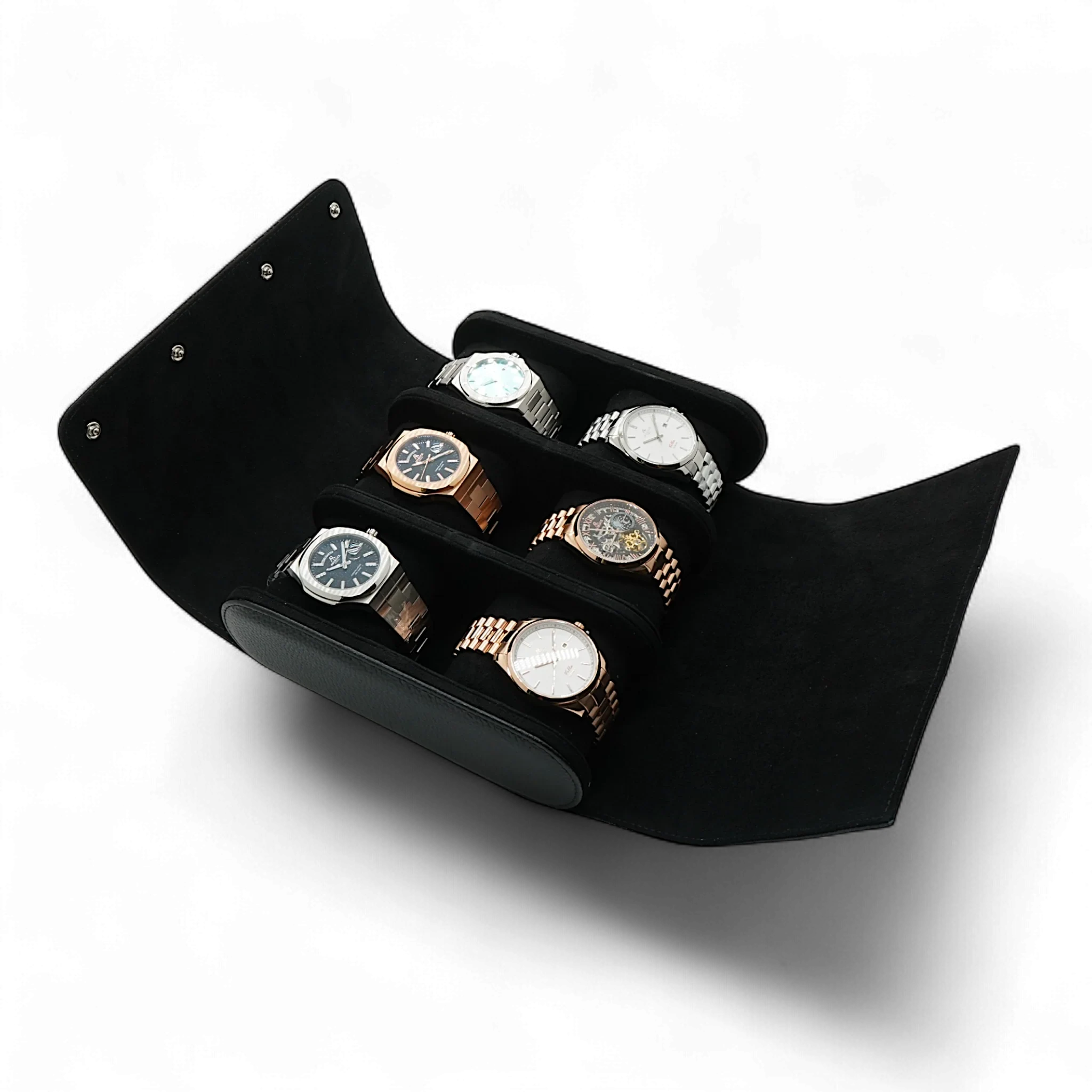 6pcs Black litchi leather watch case - from ASOROCK WATCHES  a black african american owned luxury unique watch brand with swiss rolex, Audemars Piguet, patek homage inspired style watches. Also a custom vvs moissanite diamond watch maker.