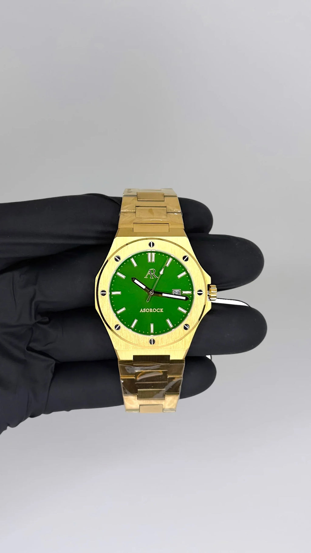 Gold/Green Mansa - from ASOROCK WATCHES  a black african american owned luxury unique watch brand with swiss rolex, Audemars Piguet, patek homage inspired style watches. Also a custom vvs moissanite diamond watch maker.