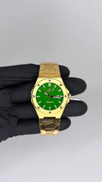 Gold/Green Mansa - from ASOROCK WATCHES  a black african american owned luxury unique watch brand with swiss rolex, Audemars Piguet, patek homage inspired style watches. Also a custom vvs moissanite diamond watch maker.