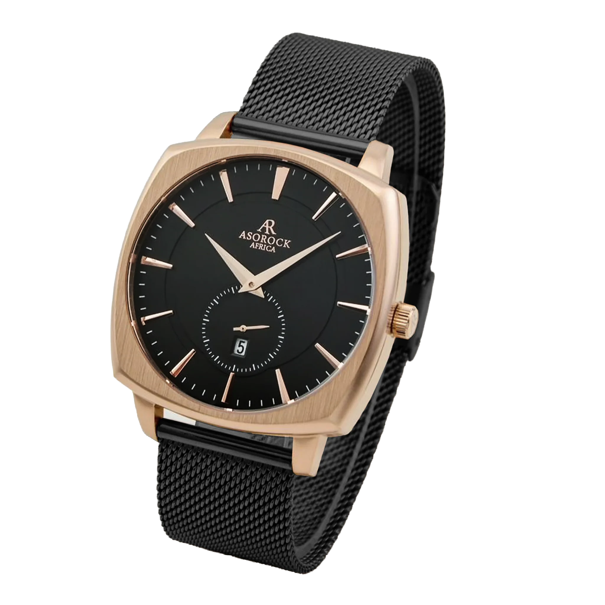 RoseGold/Black Monolith (black mesh strap) - from ASOROCK WATCHES  a black african american owned luxury unique watch brand with swiss rolex, Audemars Piguet, patek homage inspired style watches. Also a custom vvs moissanite diamond watch maker.