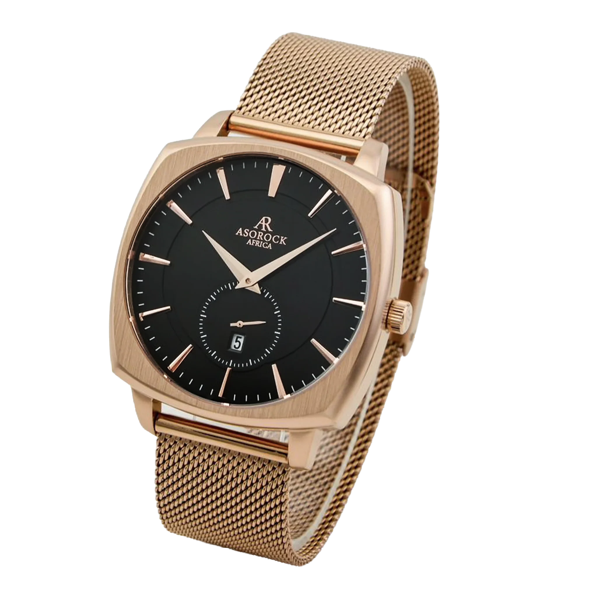 RoseGold/Black Monolith (rosegold mesh strap) - from ASOROCK WATCHES  a black african american owned luxury unique watch brand with swiss rolex, Audemars Piguet, patek homage inspired style watches. Also a custom vvs moissanite diamond watch maker.