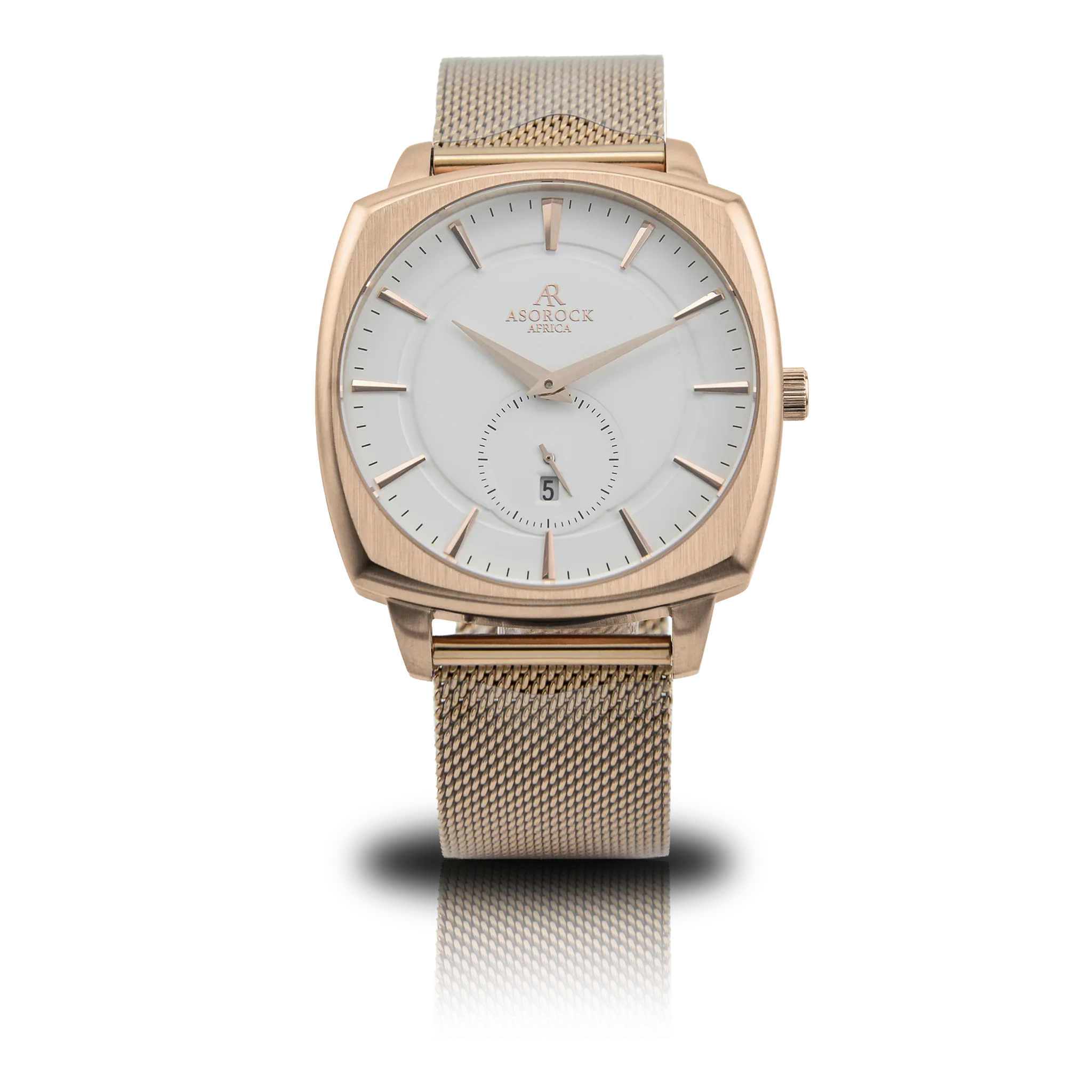 RoseGold/White Monolith (rosegold mesh strap) - from ASOROCK WATCHES  a black african american owned luxury unique watch brand with swiss rolex, Audemars Piguet, patek homage inspired style watches. Also a custom vvs moissanite diamond watch maker.