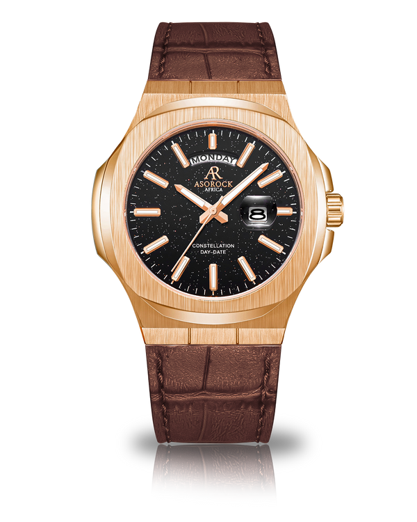 Rosegold/Black - Brown leather - plain Constellation Day Date