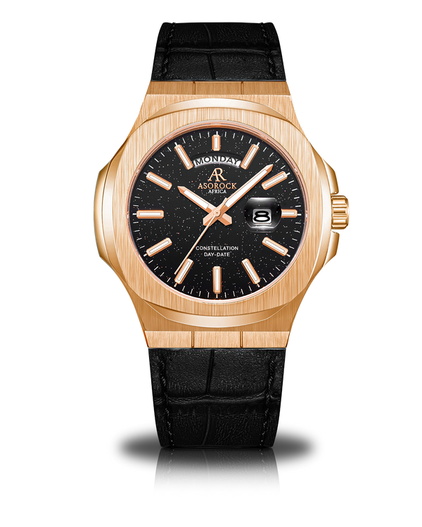 Rosegold/Black - Black leather - plain Constellation Day Date