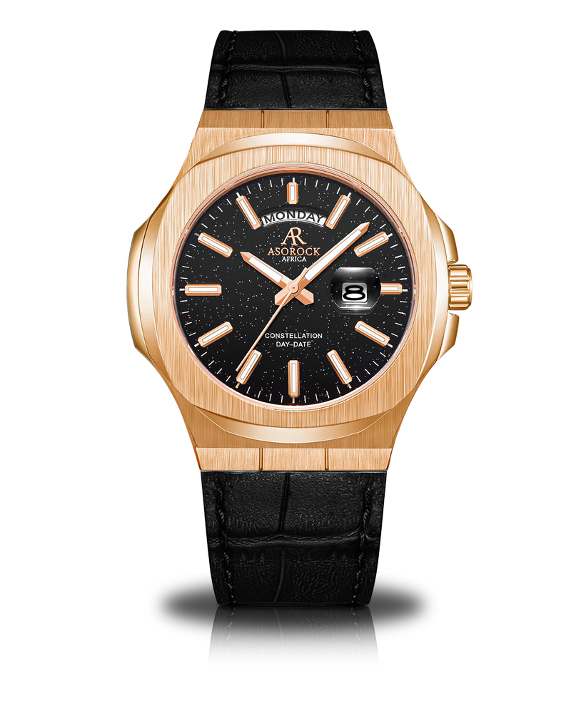 Rosegold/Black - Black leather - plain Constellation Day Date
