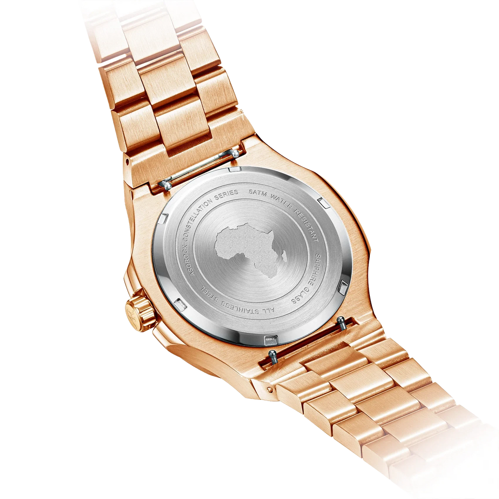 Rosegold/Black plain Constellation Day Date - from ASOROCK WATCHES  a black african american owned luxury unique watch brand with swiss rolex, Audemars Piguet, patek homage inspired style watches. Also a custom vvs moissanite diamond watch maker.