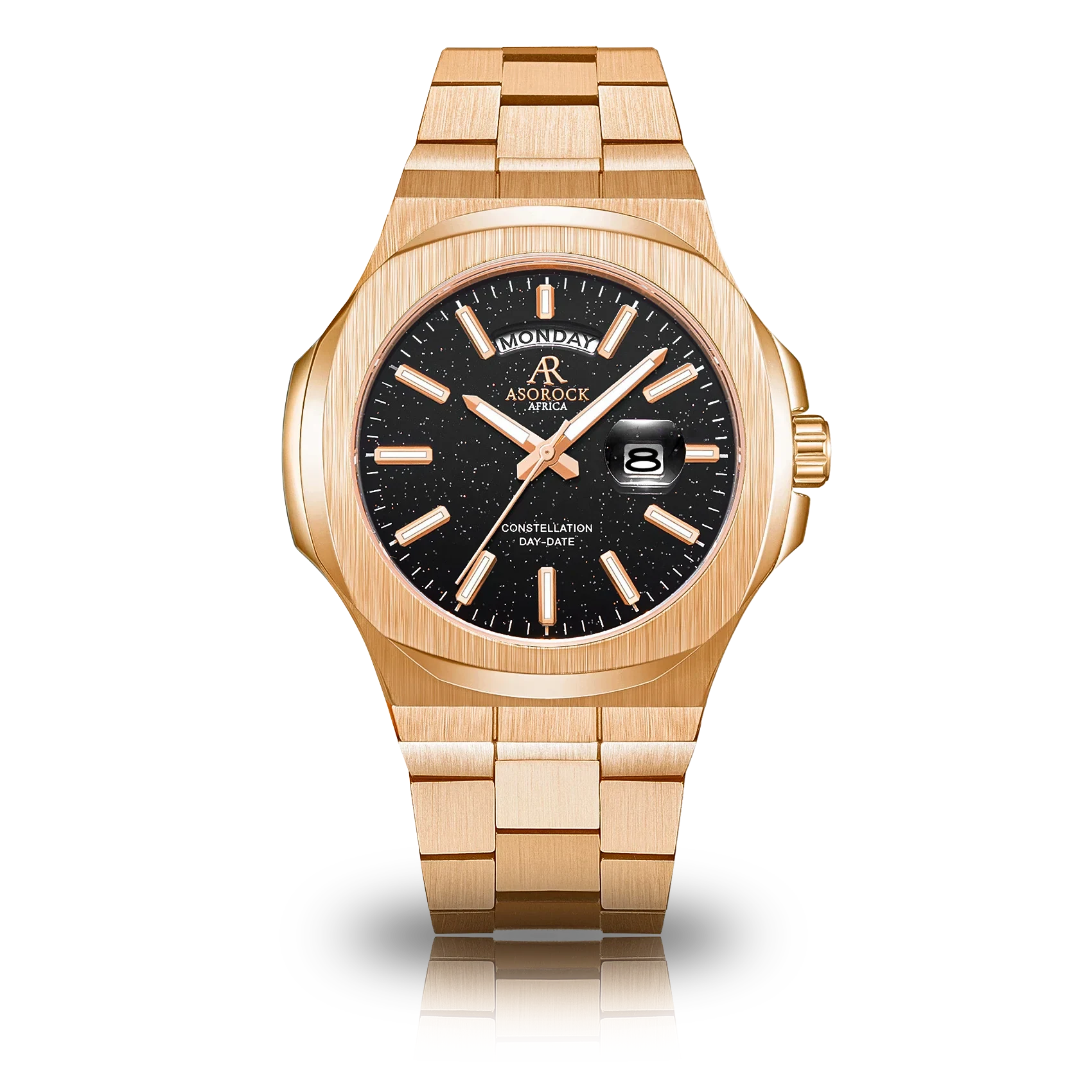Rosegold/Black plain Constellation Day Date - from ASOROCK WATCHES  a black african american owned luxury unique watch brand with swiss rolex, Audemars Piguet, patek homage inspired style watches. Also a custom vvs moissanite diamond watch maker.