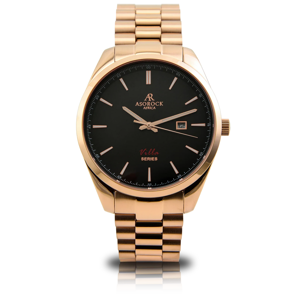 Rosegold/black villa - from ASOROCK WATCHES  a black african american owned luxury unique watch brand with swiss rolex, Audemars Piguet, patek homage inspired style watches. Also a custom vvs moissanite diamond watch maker.