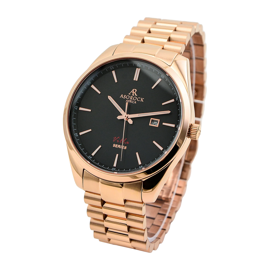 Rosegold/black villa - from ASOROCK WATCHES  a black african american owned luxury unique watch brand with swiss rolex, Audemars Piguet, patek homage inspired style watches. Also a custom vvs moissanite diamond watch maker.