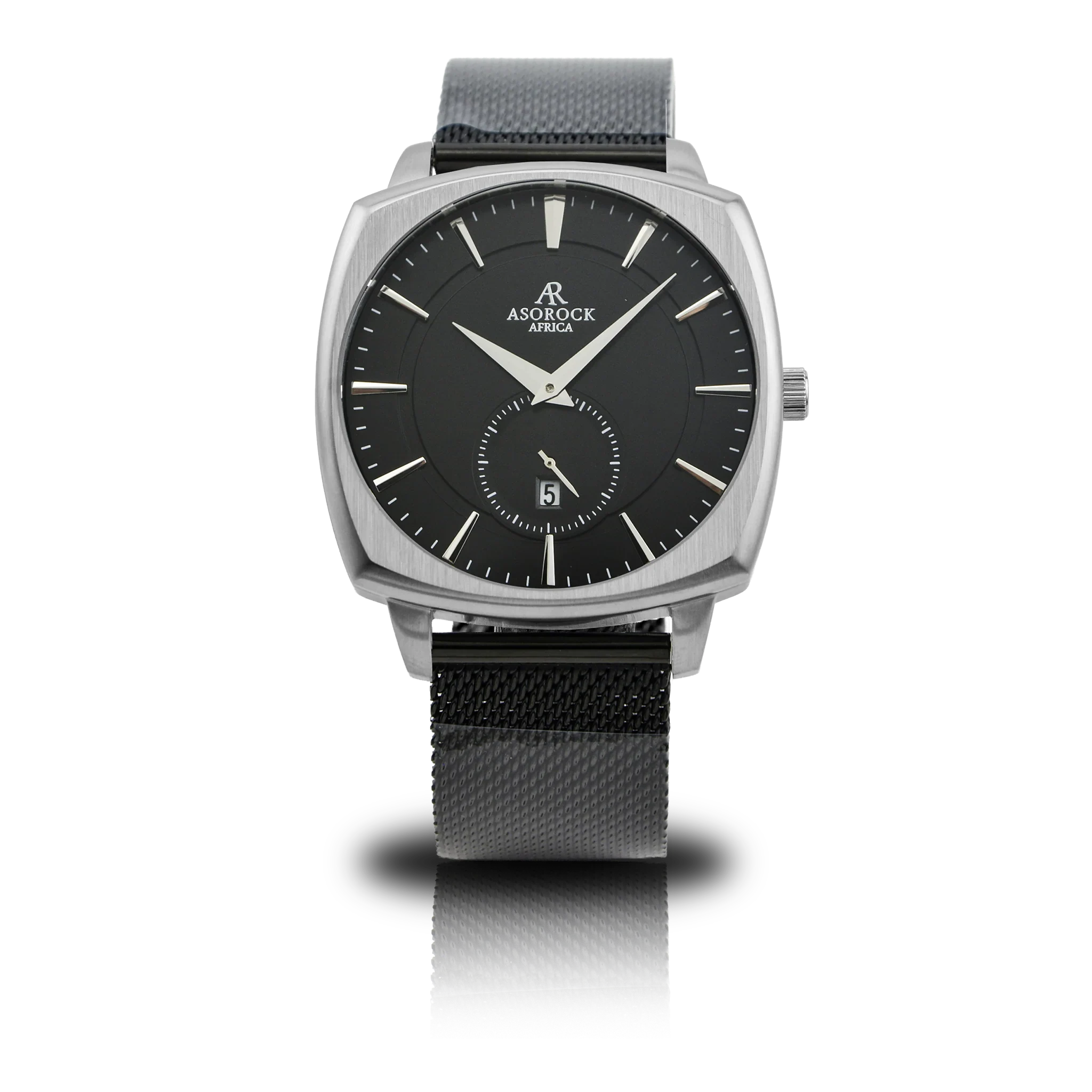 Black/Silver Monolith (black mesh strap) - from ASOROCK WATCHES  a black african american owned luxury unique watch brand with swiss rolex, Audemars Piguet, patek homage inspired style watches. Also a custom vvs moissanite diamond watch maker.