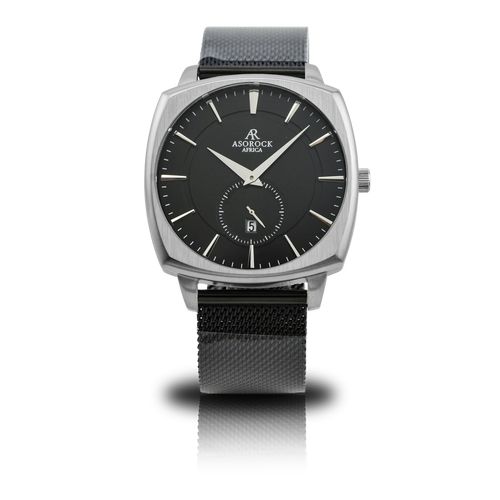 Black/Silver Monolith (black mesh strap) - from ASOROCK WATCHES  a black african american owned luxury unique watch brand with swiss rolex, Audemars Piguet, patek homage inspired style watches. Also a custom vvs moissanite diamond watch maker.