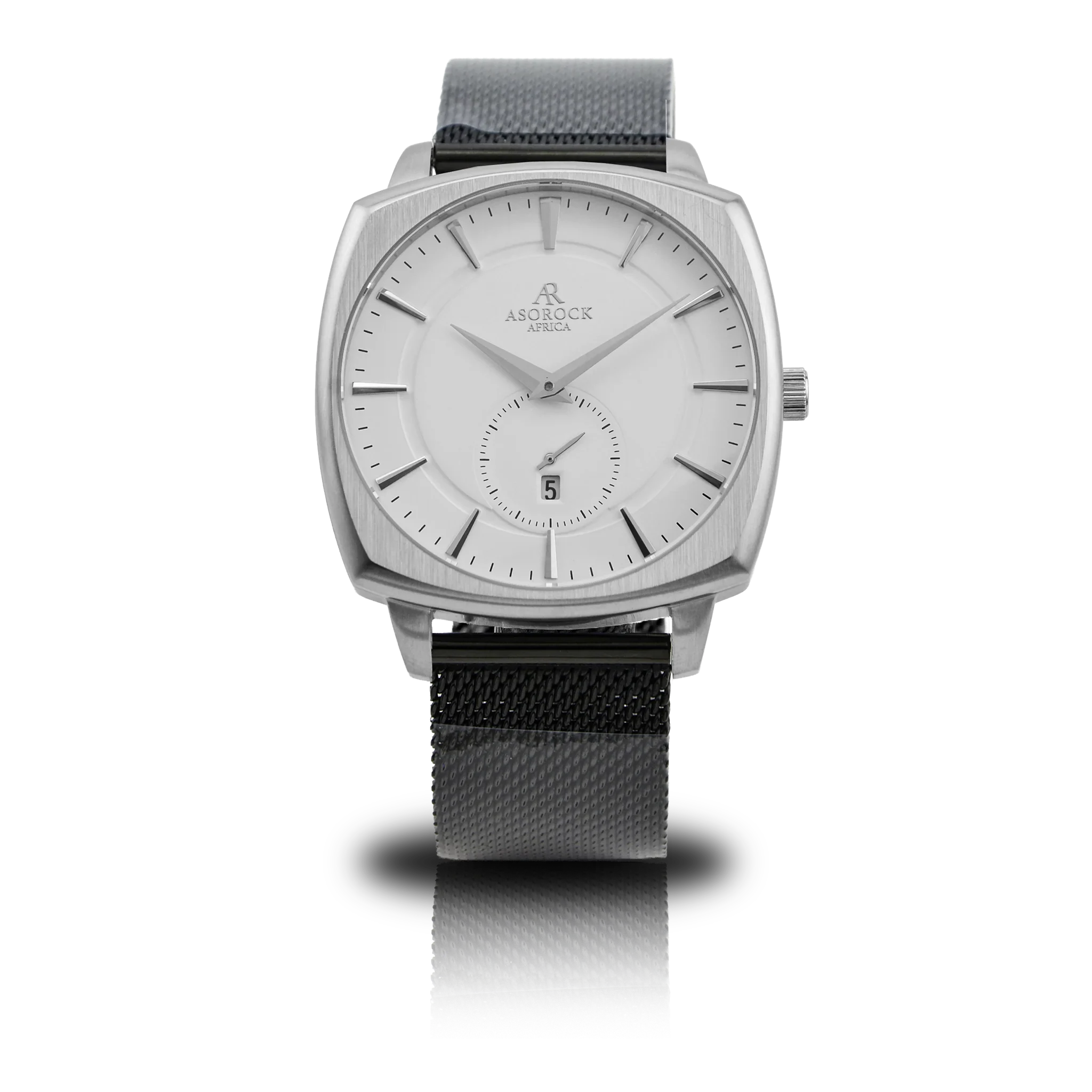 Silver/White Monolith (black mesh strap) - from ASOROCK WATCHES  a black african american owned luxury unique watch brand with swiss rolex, Audemars Piguet, patek homage inspired style watches. Also a custom vvs moissanite diamond watch maker.