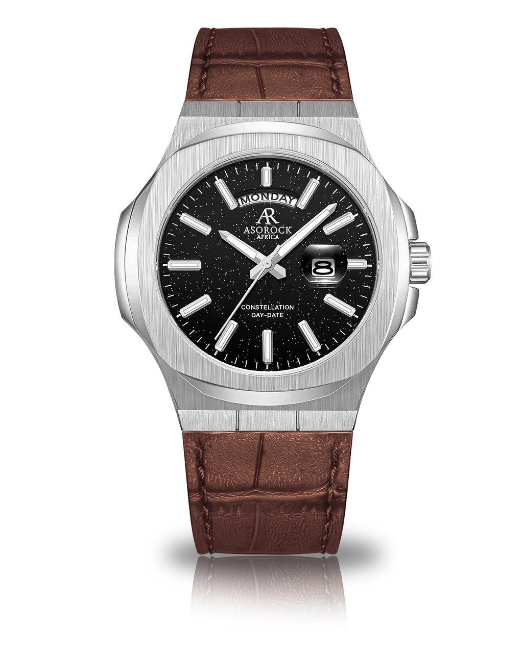 Silver/Black - brown leather strap plain Constellation Day Date - from ASOROCK WATCHES  a black african american owned luxury unique watch brand with swiss rolex, Audemars Piguet, patek homage inspired style watches. Also a custom vvs moissanite diamond watch maker.