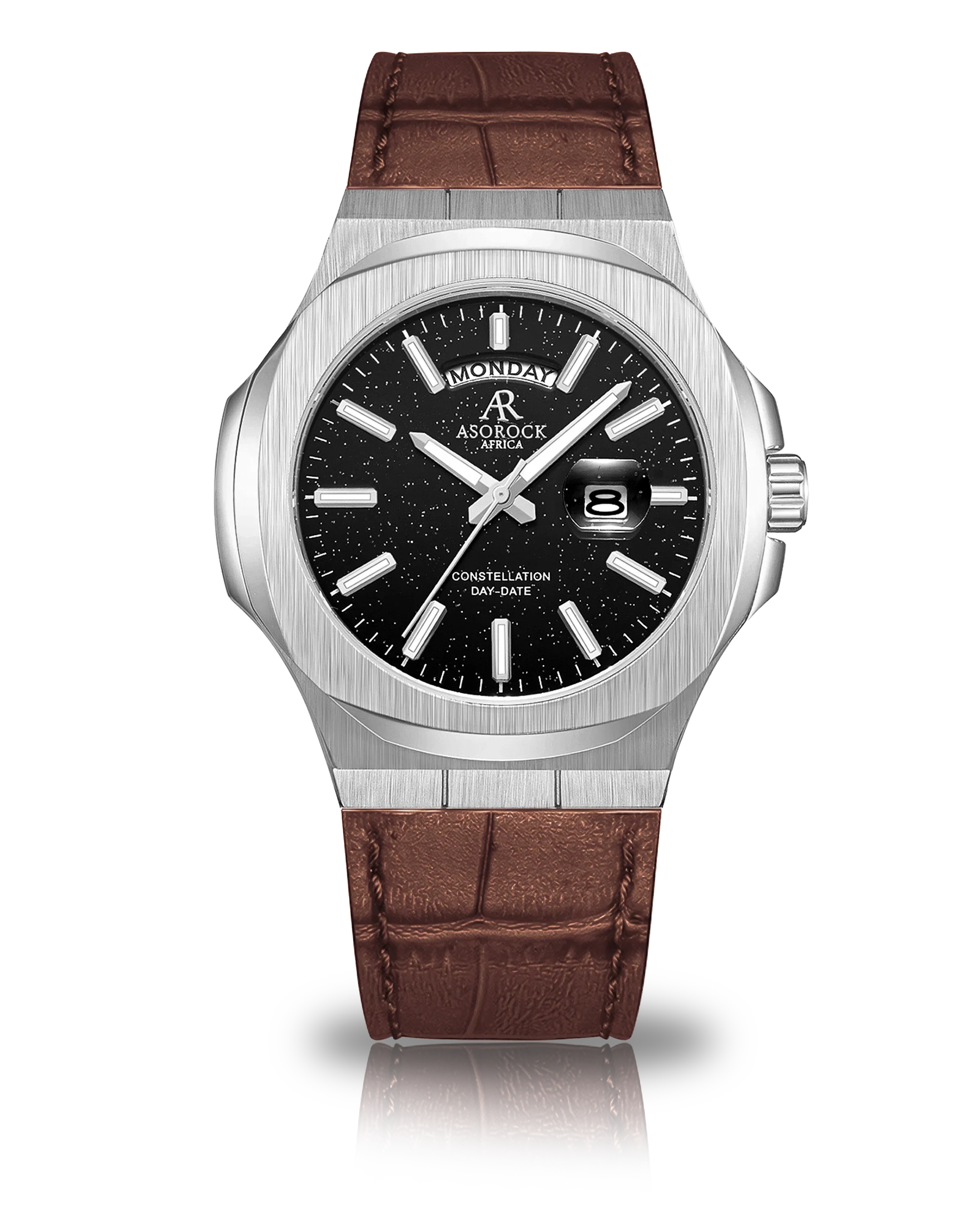 Silver/Black - brown leather strap plain Constellation Day Date - from ASOROCK WATCHES  a black african american owned luxury unique watch brand with swiss rolex, Audemars Piguet, patek homage inspired style watches. Also a custom vvs moissanite diamond watch maker.