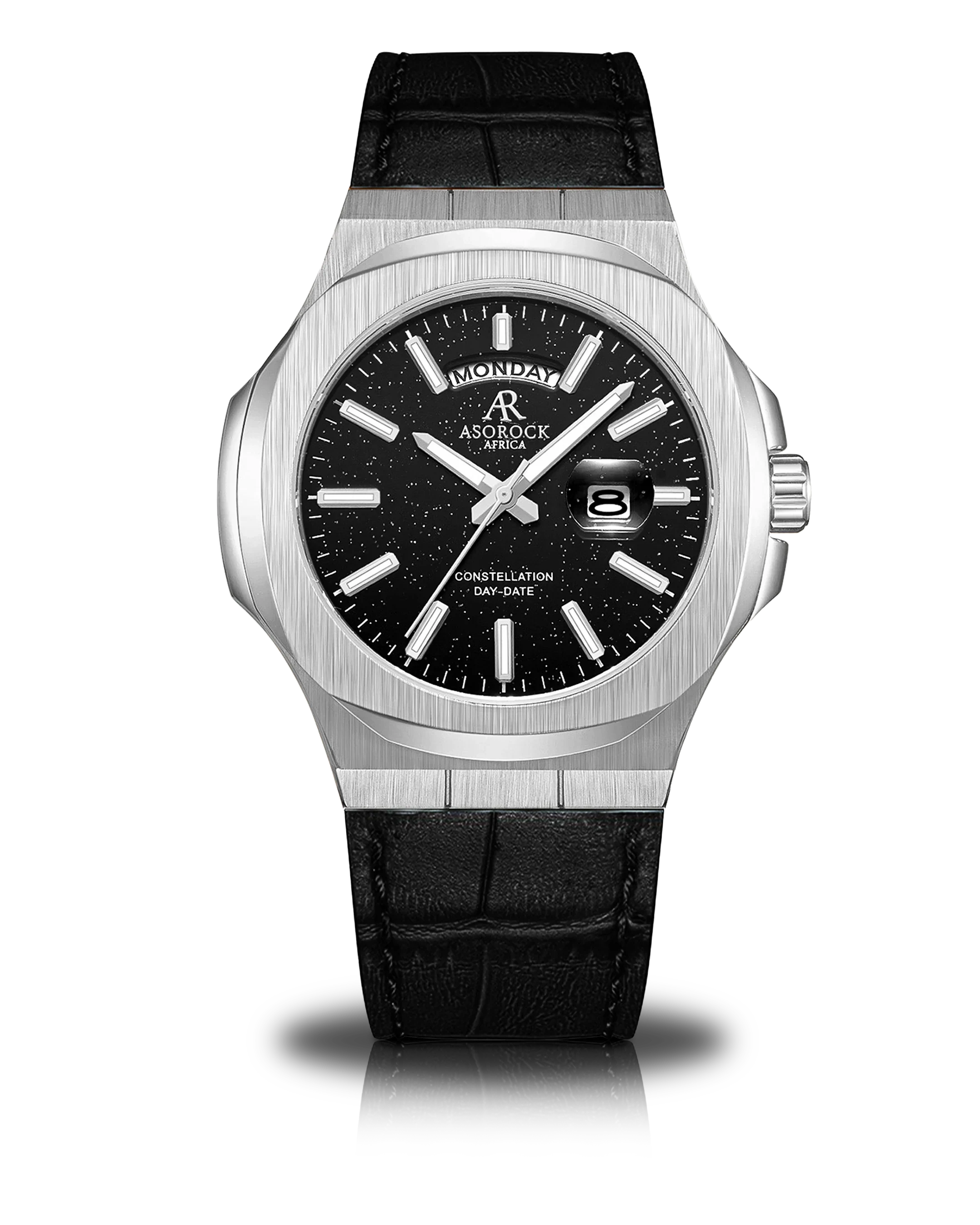 Silver/Black - black leather strap plain Constellation Day Date - from ASOROCK WATCHES  a black african american owned luxury unique watch brand with swiss rolex, Audemars Piguet, patek homage inspired style watches. Also a custom vvs moissanite diamond watch maker.