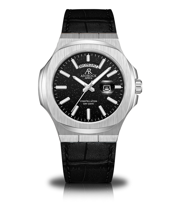 Silver/Black - black leather strap plain Constellation Day Date