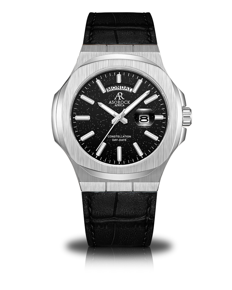 Silver/Black - black leather strap plain Constellation Day Date