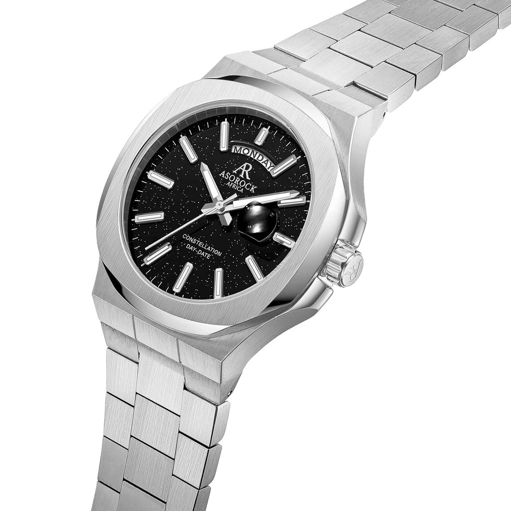 Silver/Black plain Constellation Day Date - from ASOROCK WATCHES  a black african american owned luxury unique watch brand with swiss rolex, Audemars Piguet, patek homage inspired style watches. Also a custom vvs moissanite diamond watch maker.