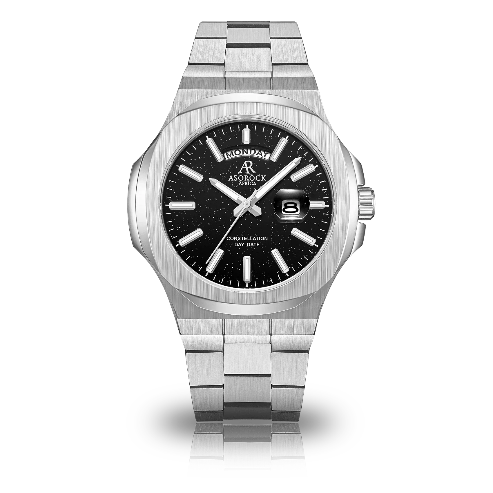 Silver/Black plain Constellation Day Date - from ASOROCK WATCHES  a black african american owned luxury unique watch brand with swiss rolex, Audemars Piguet, patek homage inspired style watches. Also a custom vvs moissanite diamond watch maker.