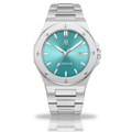 A silver watch with a blue turquoise dial and a stainless steel bracelet. The brand logo 'ASOROCK' is visible on the dial, and the watch has a butterfly buckle clasp.