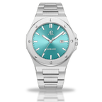 A silver watch with a blue turquoise dial and a stainless steel bracelet. The brand logo 'ASOROCK' is visible on the dial, and the watch has a butterfly buckle clasp.