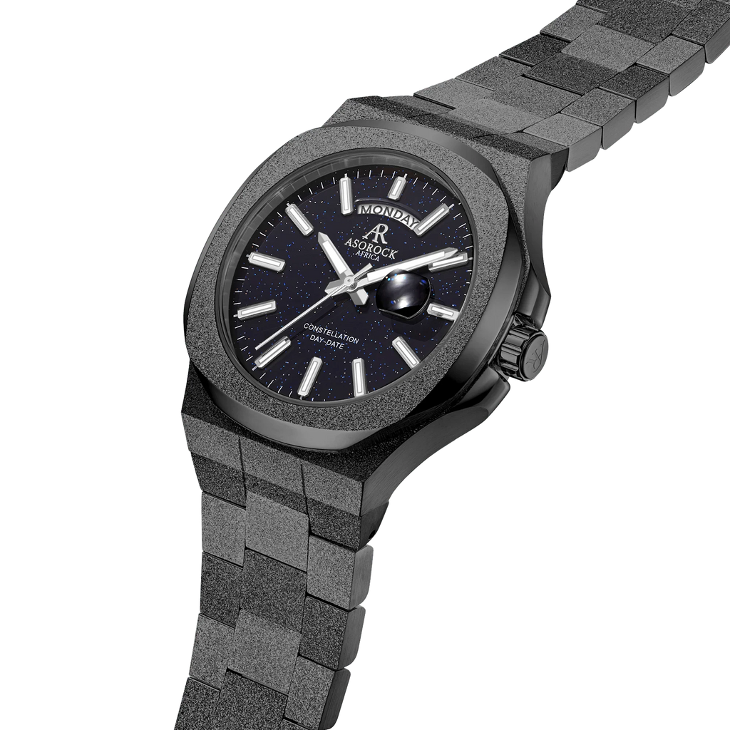 All Black frosted stardust Constellation Day-Date - from ASOROCK WATCHES  a black african american owned luxury unique watch brand with swiss rolex, Audemars Piguet, patek homage inspired style watches. Also a custom vvs moissanite diamond watch maker. 