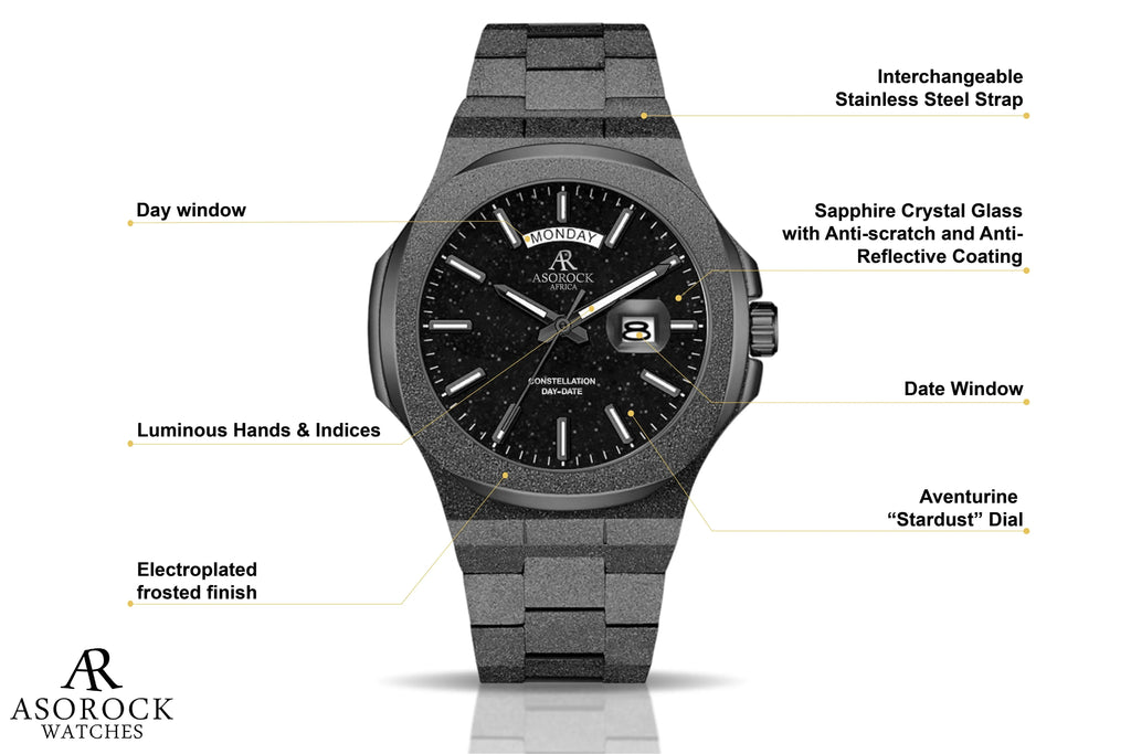 All Black frosted stardust Constellation Day-Date - from ASOROCK WATCHES  a black african american owned luxury unique watch brand with swiss rolex, Audemars Piguet, patek homage inspired style watches. Also a custom vvs moissanite diamond watch maker. 