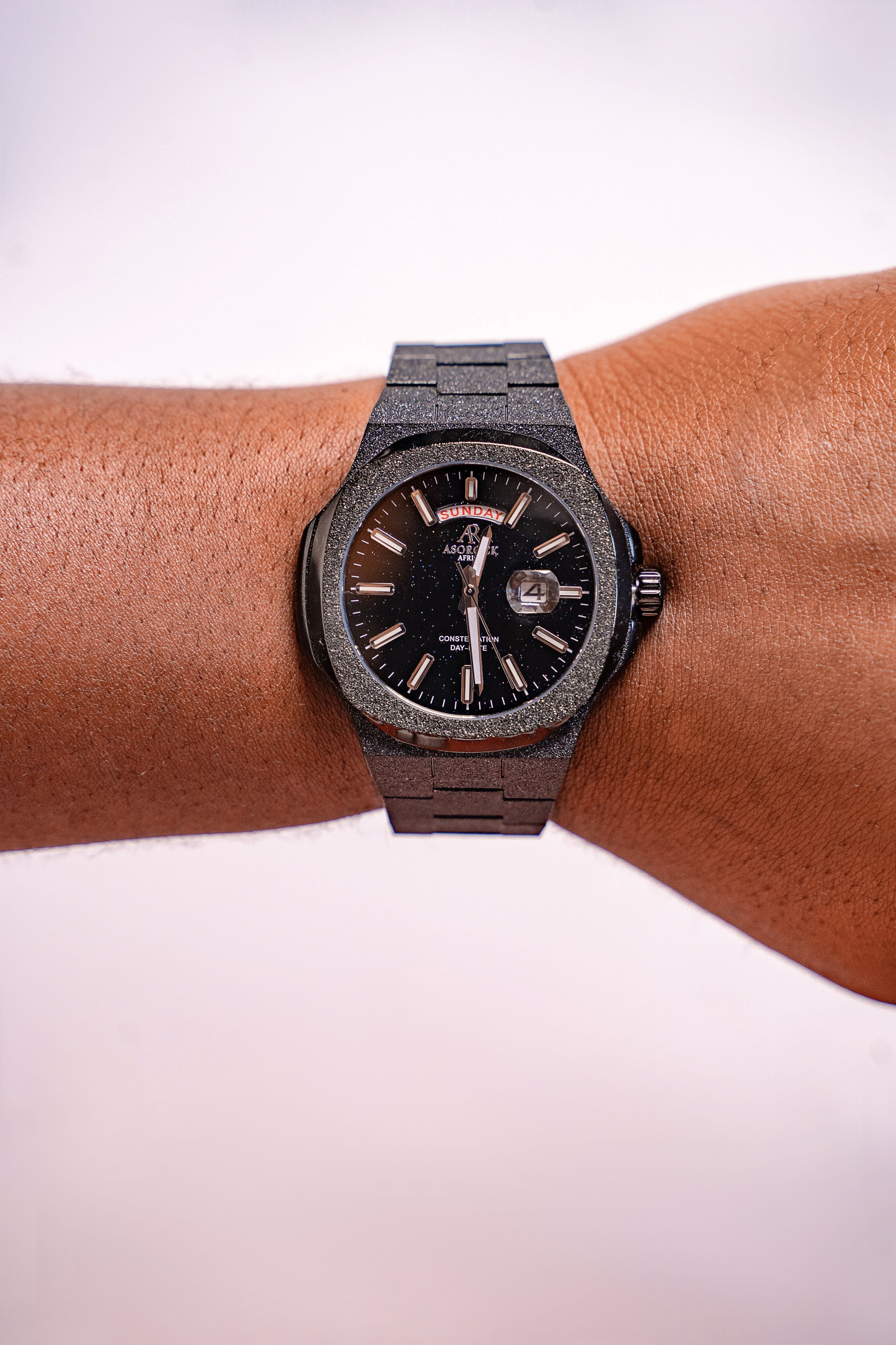 All Black frosted stardust Constellation Day-Date - from ASOROCK WATCHES  a black african american owned luxury unique watch brand with swiss rolex, Audemars Piguet, patek homage inspired style watches. Also a custom vvs moissanite diamond watch maker. 